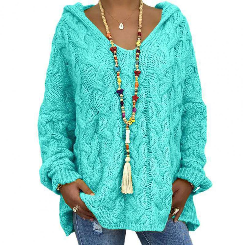 Thumbnail: Hooded V-Neck Long Sleeves Twist Knitted Hoodie Autumn Winter Solid Color Loose 