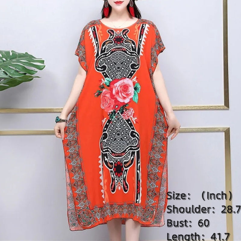 Thumbnail: Woman Summer Dress Bohemian Printed Street Wear Batwing Sleeve Loose Tunic Casua