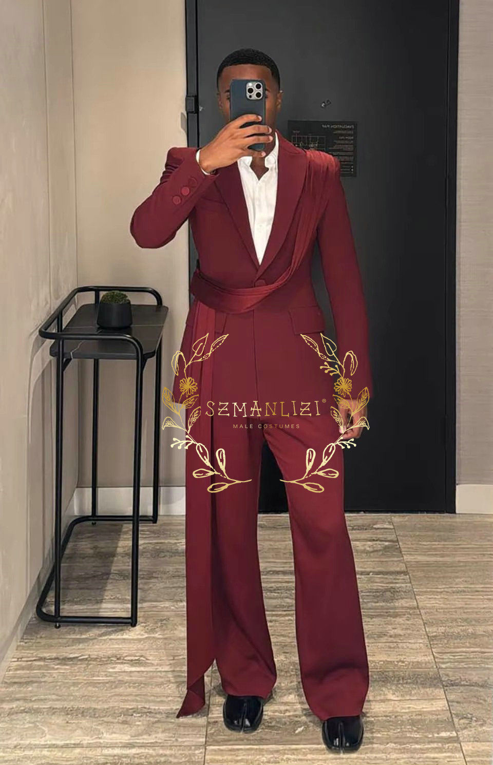 الصورة المصغرة: Burgundy Male Prom Blazers 2 Pcs Jacket Pants Belt Sets Groom Wedding Tuxedos Gr