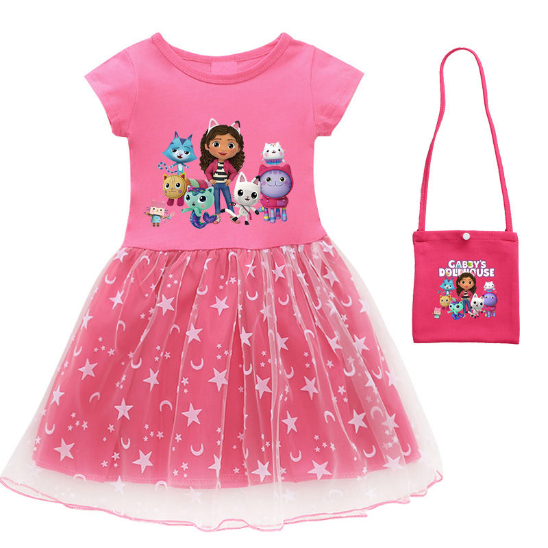 الصورة المصغرة: 2024 New Summer Cartoon Gabby Cats Dresses Baby Girls Princess Dress Bag Headban