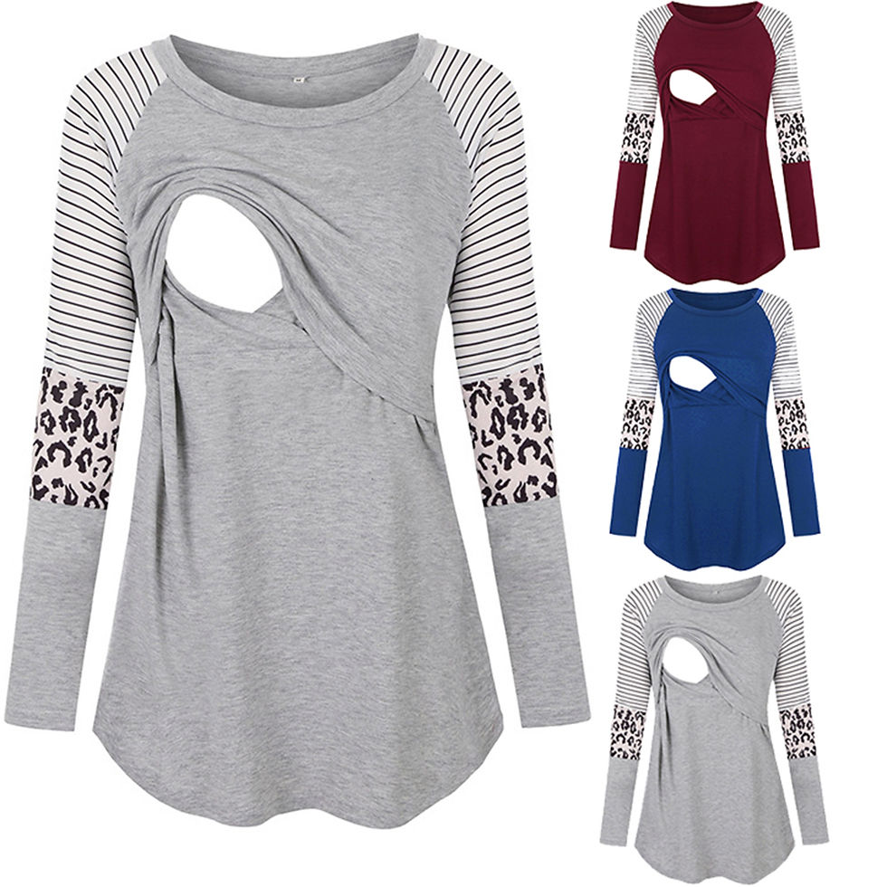 Thumbnail: Women Maternity Long Sleeve Nursing Patchwork Color Tops Breastfeeding Blouse