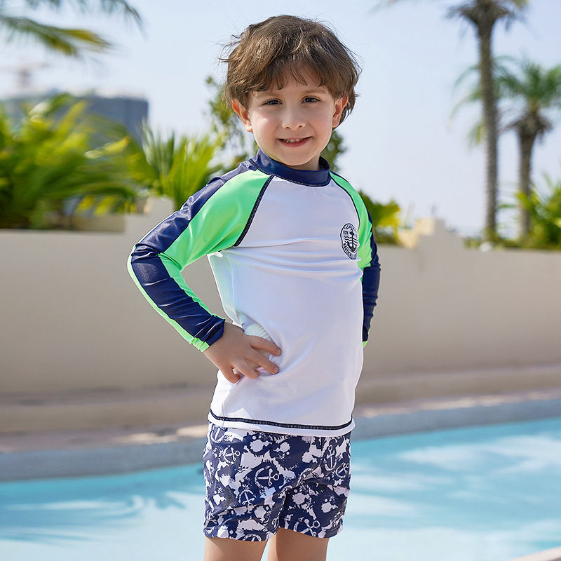 Children Swimwear Long Sleeves Anchor Print Swimsuit Boy UPF50 UV Protection Ras