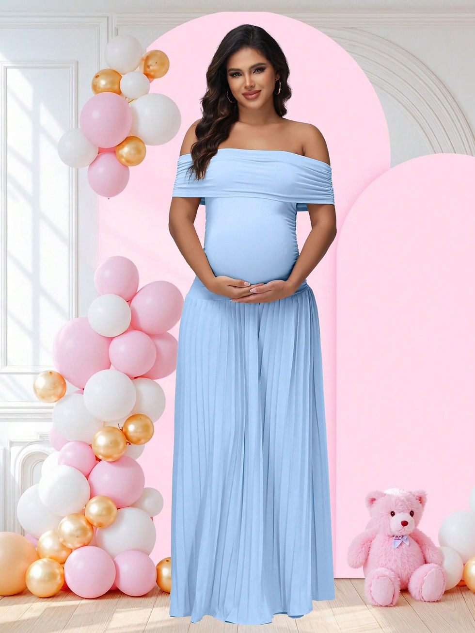 Thumbnail: Maternity Off-Shoulder Bodycon  Backless Summer Long Dress Pleated  Maxi Gown fo