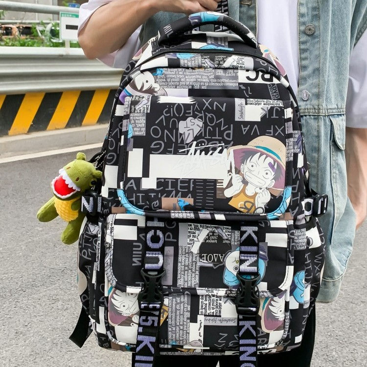 الصورة المصغرة: Anime Male and Female High-capacity One Piece Luffy Graffiti Printed Backpack fo
