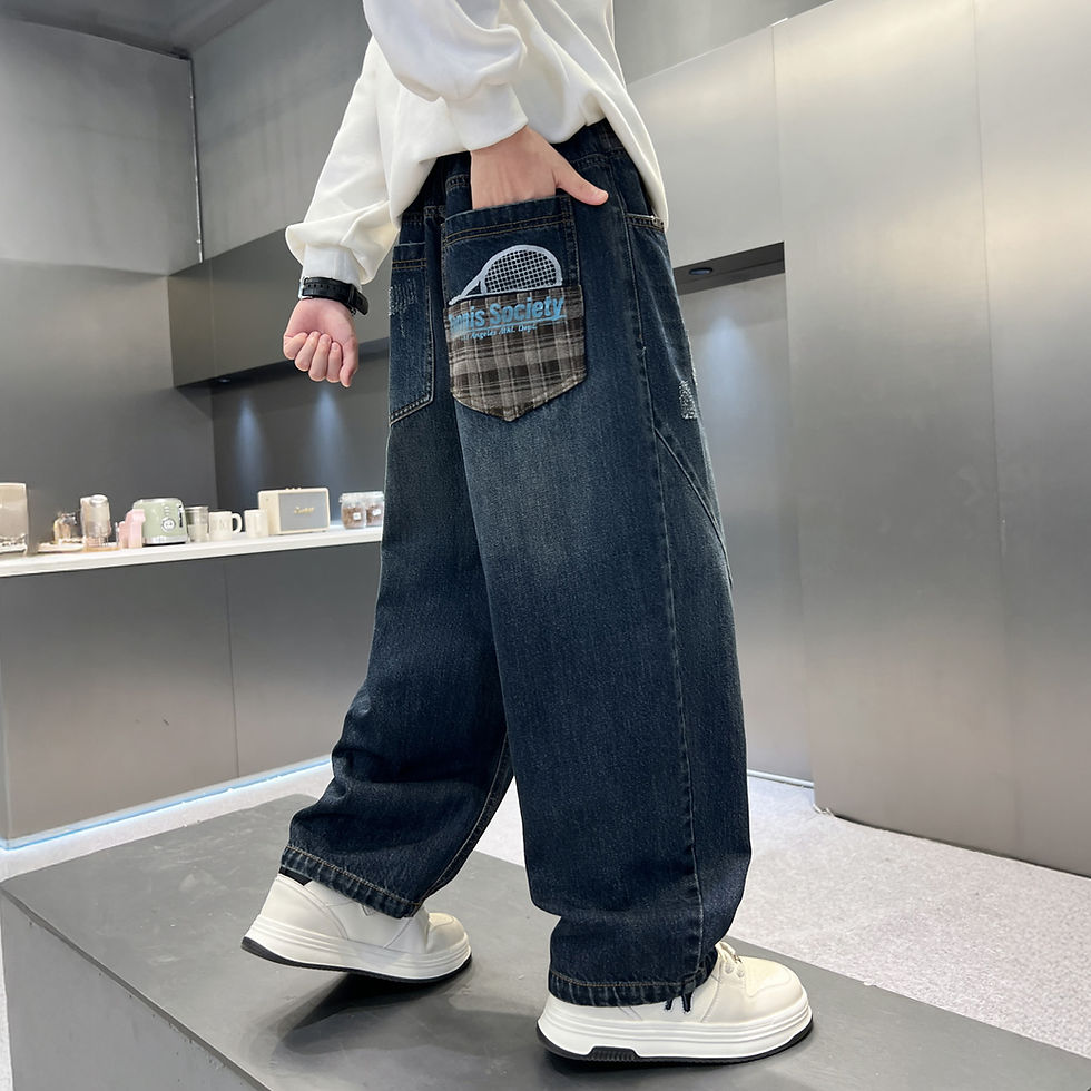 Boys denim autumn retro wide-leg pants autumn back pocket plaid splicing straig