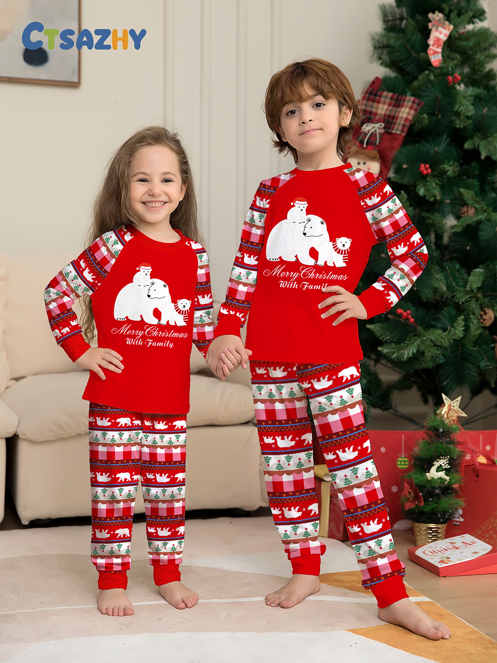 Kids Christmas Pajamas Set - Polar Bear & “Merry Christmas With Family” Prin