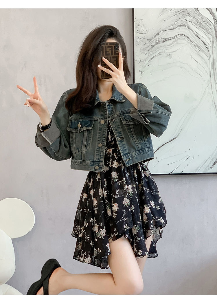الصورة المصغرة: Loose Vintage Women's Denim Coat Crop Top With Pockets 2024 Sping Streetwear Ret
