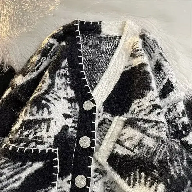 Man Clothes Black Y2k Vintage Tie Dye Knitted Sweaters for Men Cardigan V Neck A