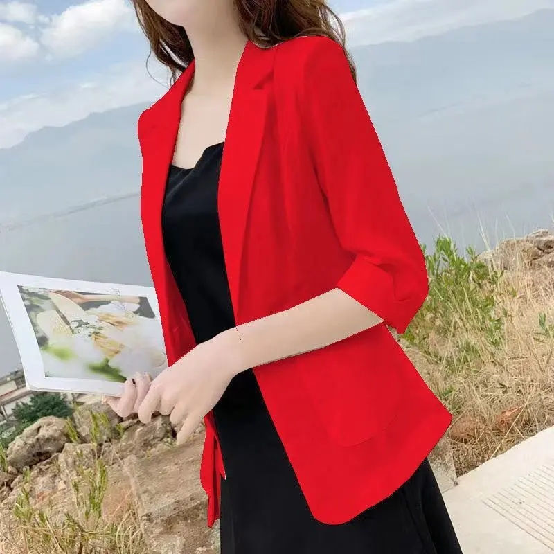 الصورة المصغرة: Women Cotton Linen Blazer 2024 New Summer Short Suit Jacket Korean Casual Summer
