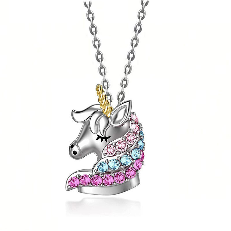 Colored Rhinestone Unicorn Necklace Cartoon Horse Pendant Necklaces For Girls Bo
