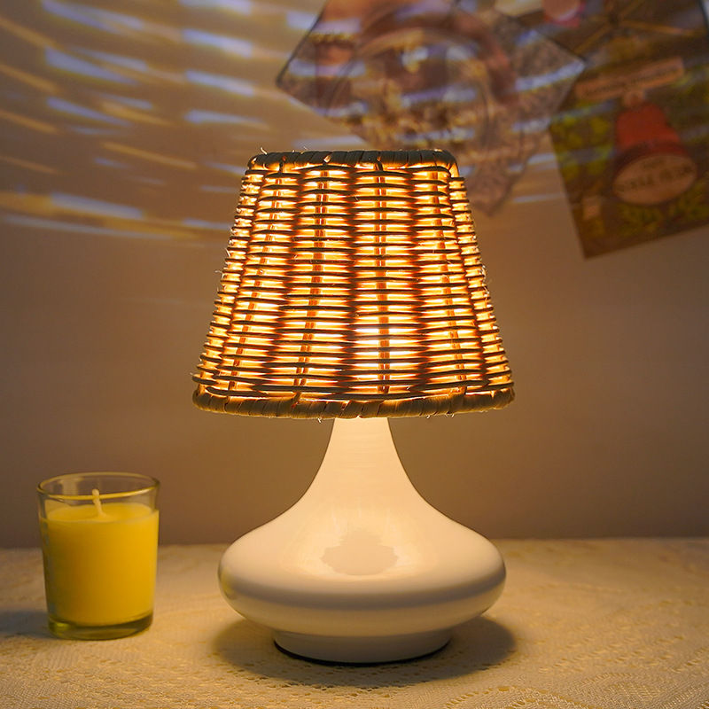 Thumbnail: Led Table Lamp Hand-woven Bamboo Lampshade Bedside Lamp Boho Nightstand Usb Plug