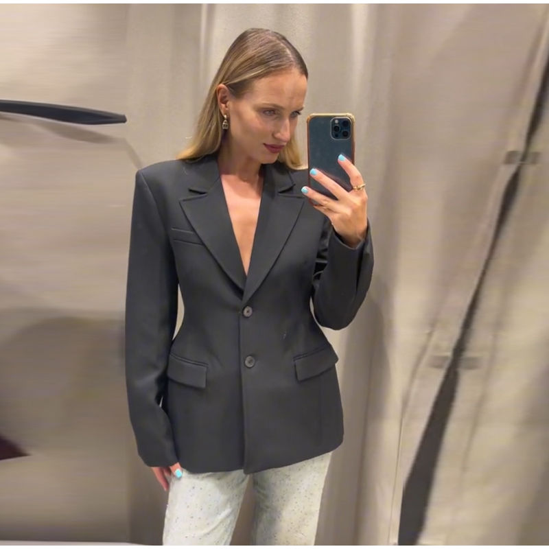 الصورة المصغرة: Fashion Black Suit Coat Women Lapel One Button Full Sleeve Pocket Female Blazer 