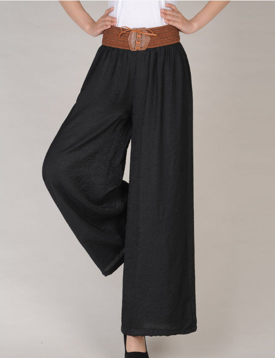 Thumbnail: Boho Casual Pants Wide Leg  Plus Loose Style Harem Solid Color Belted Elastic St