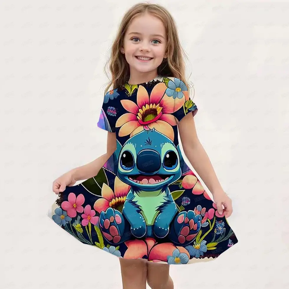 الصورة المصغرة: MINISO New Summer Girl Dress Disney Stitch Cute 3D Print Children's Clothing 202