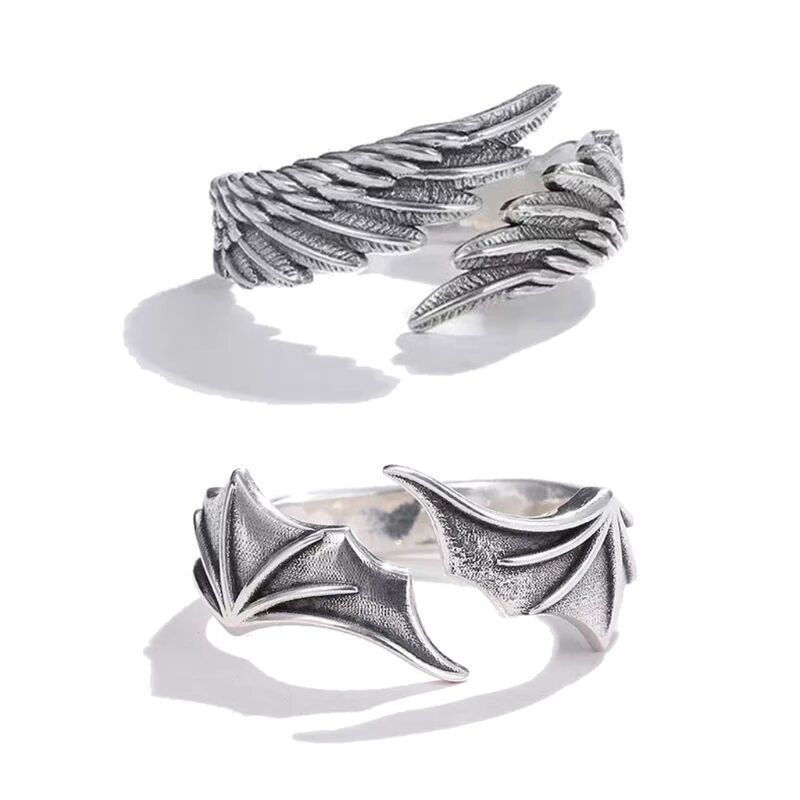 الصورة المصغرة: 2pcs/pack Vintage Angel Wing Demon Eye Hip Hop Adjustable Couples Rings for Men 