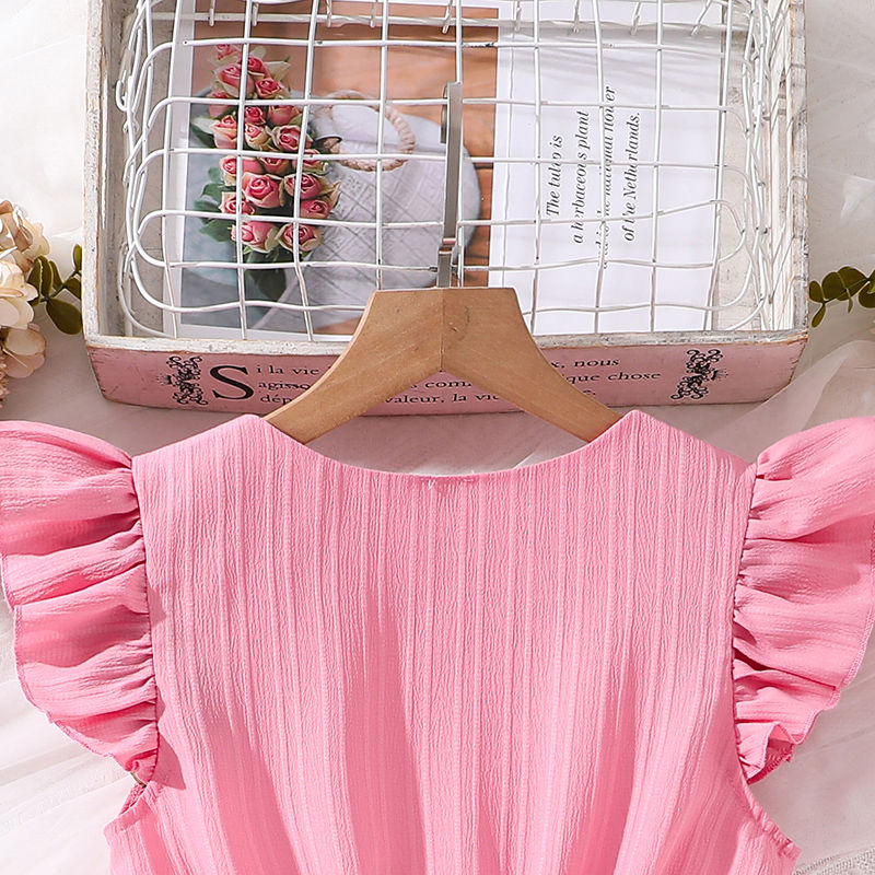 Thumbnail: Kids Dresses for Girls 8-12 Years Pink Small Flying Sleeves V-Neck Dress 2024 Ne