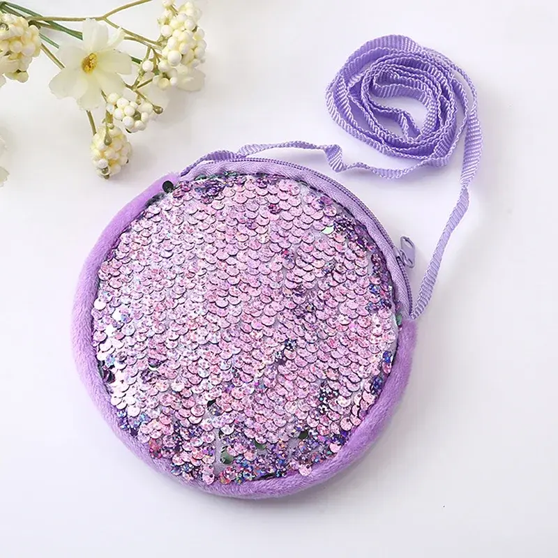 Thumbnail: Lovely Round Princess Coin Purse Color Sequins Shiny Lanyard Shoulder Bag Childr