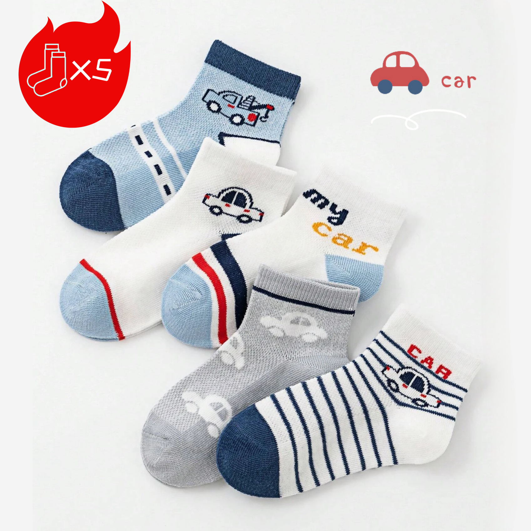 5 Pairs Boys Car & Letter Graphic Ankle Socks For Summer