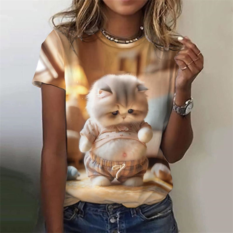 Thumbnail: Summer Cute Animal T-Shirts Funny Fat Cat 3D Print Women Short Sleeves T Shirt Y
