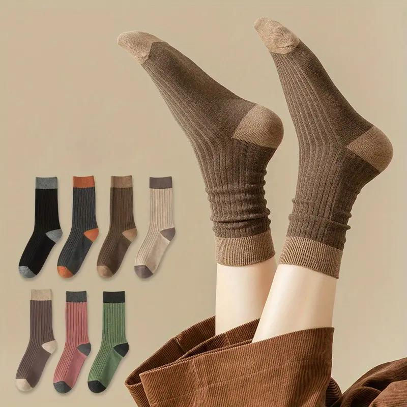 الصورة المصغرة: 7 Pairs of Cozy Patchwork Crew Socks - Soft, Breathable, and Comfy Mid Tube Sock