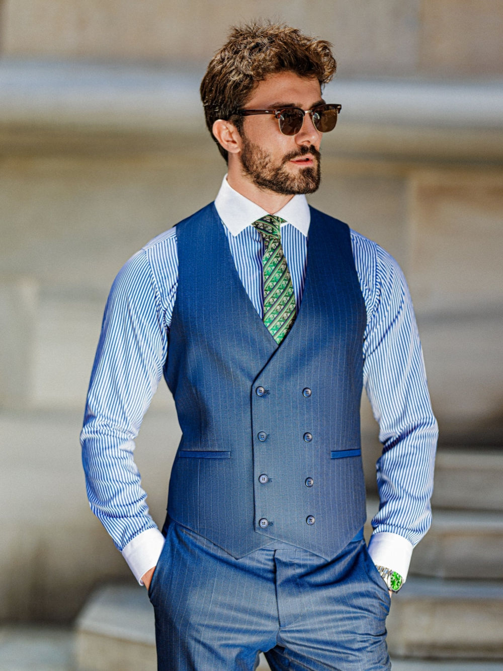 Blue Striped Tuxedo Blazer Vest Pants 3 Pieces For Formal Occasion Handsome Mode