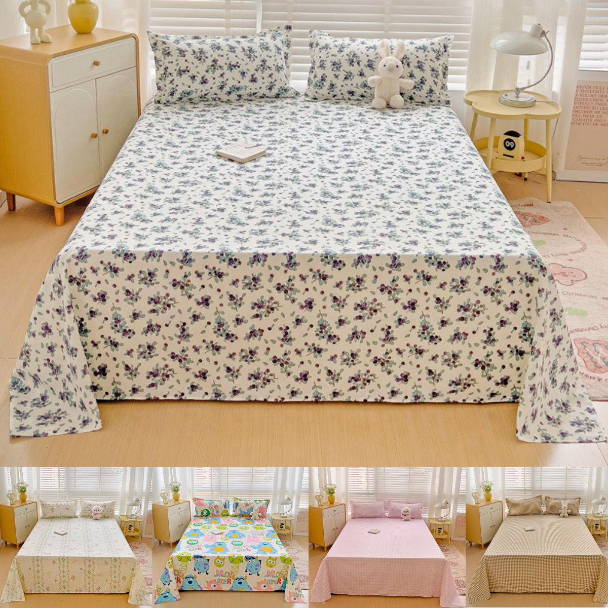 Soft Home Bed Linen Sheets Bed Flat Sheet for Double Bed Plain Solid Color Top S