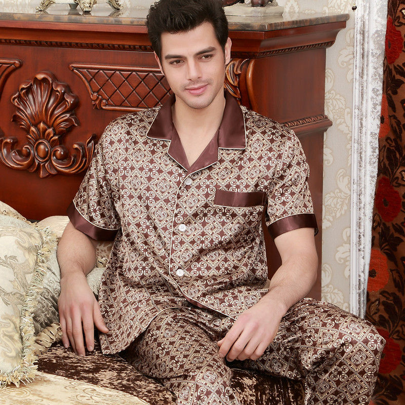 الصورة المصغرة: 3XL Printed Stain Silk Satin Pajamas Men Long Sleeve & Short Sleeve Shorts Silk 