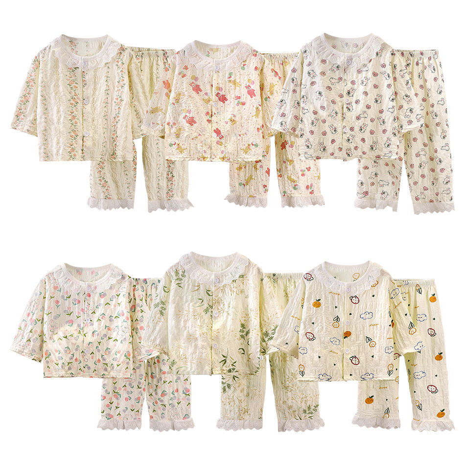 2 Pcs Summer Baby Girl Loungewear Korean Pajama Air Conditioning Suit Set Long S