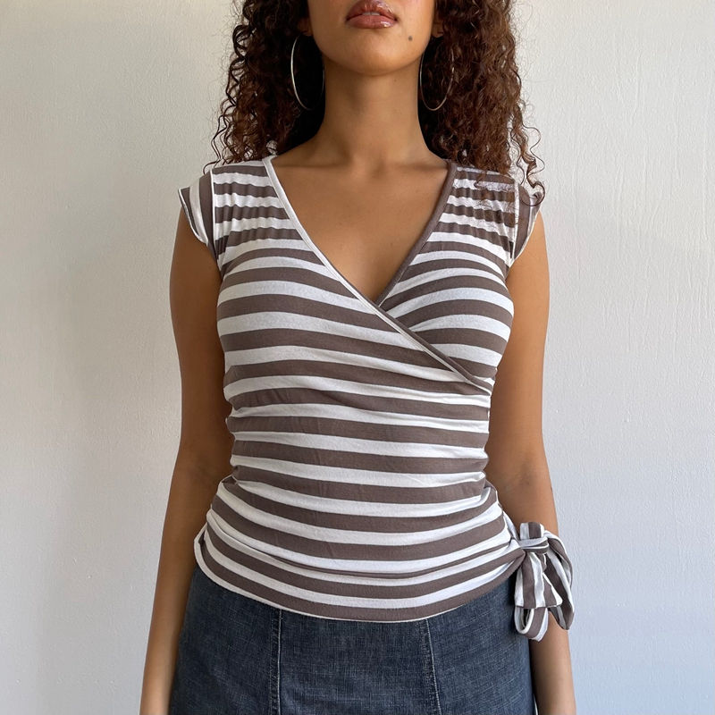 Thumbnail: Polka Dot/Striped Bandage Wrap Crop Top Women Casual Short Sleeve V Neck Basic T