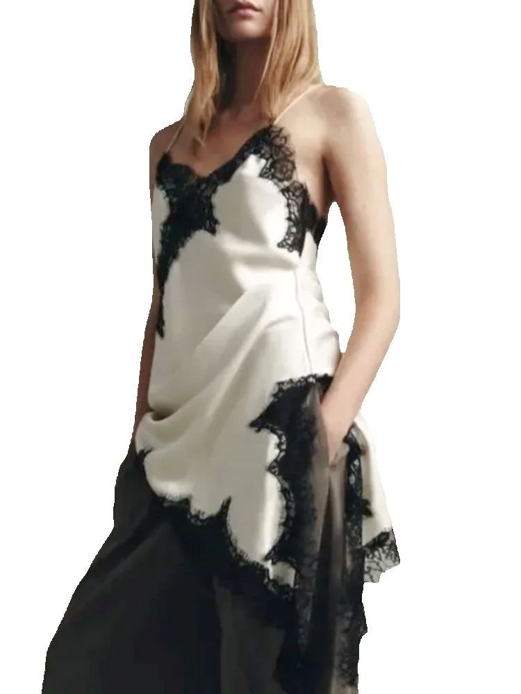 2025 Women Elegant Irregular Hem Satin Lace Splicing Sling Dresses Lady V Neck B