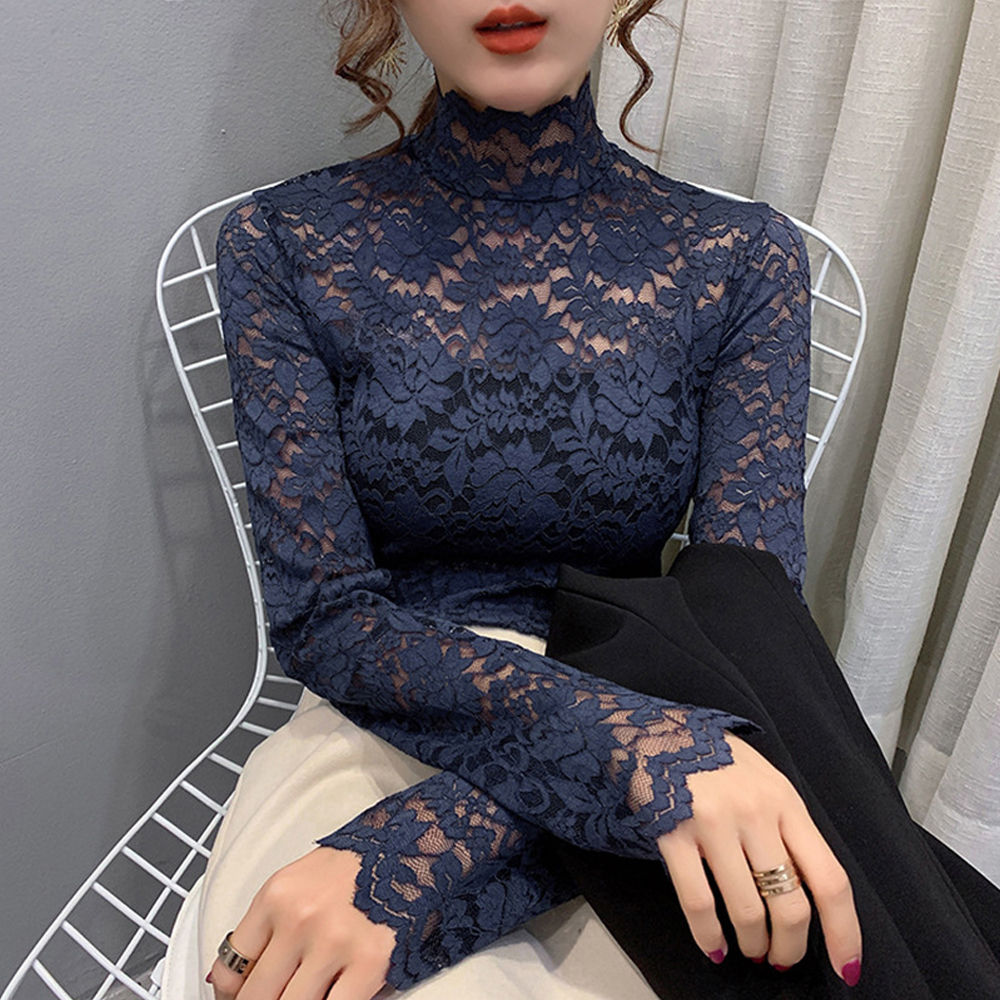 Stretch Floral Lace Petal Sleeve Shirt Women's Long Sleeved S-3XL T Shirt Ladies