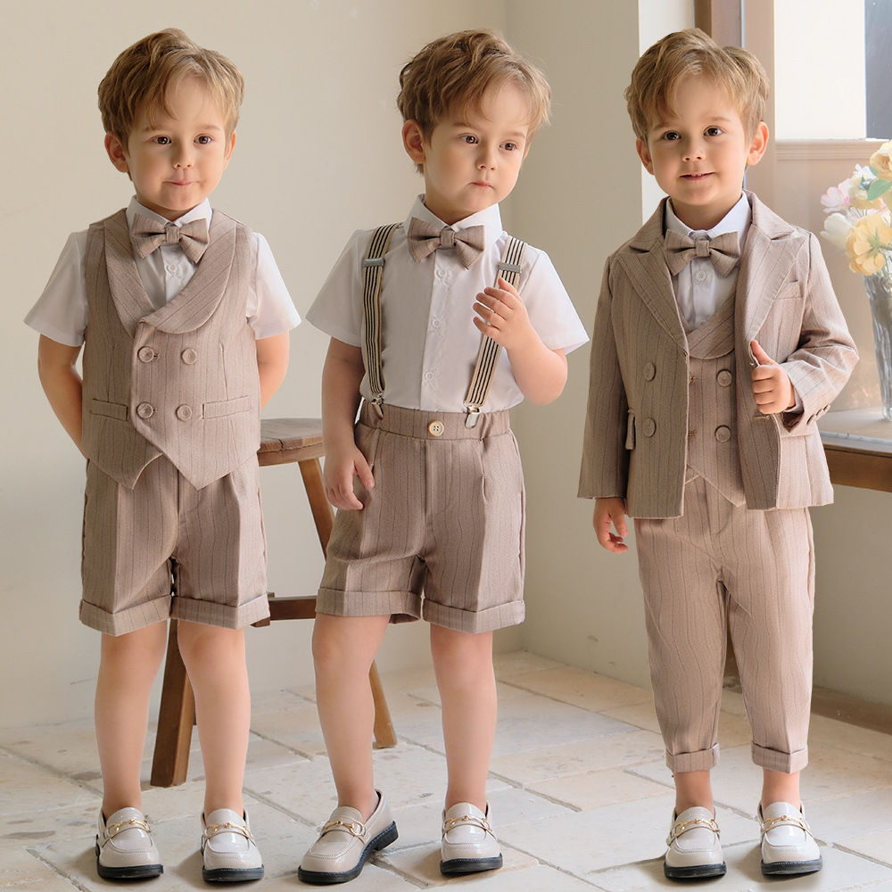 Children's Boys Khaki Striped Suit Set Formal Luxurious Kids Boys Wedding Suit E