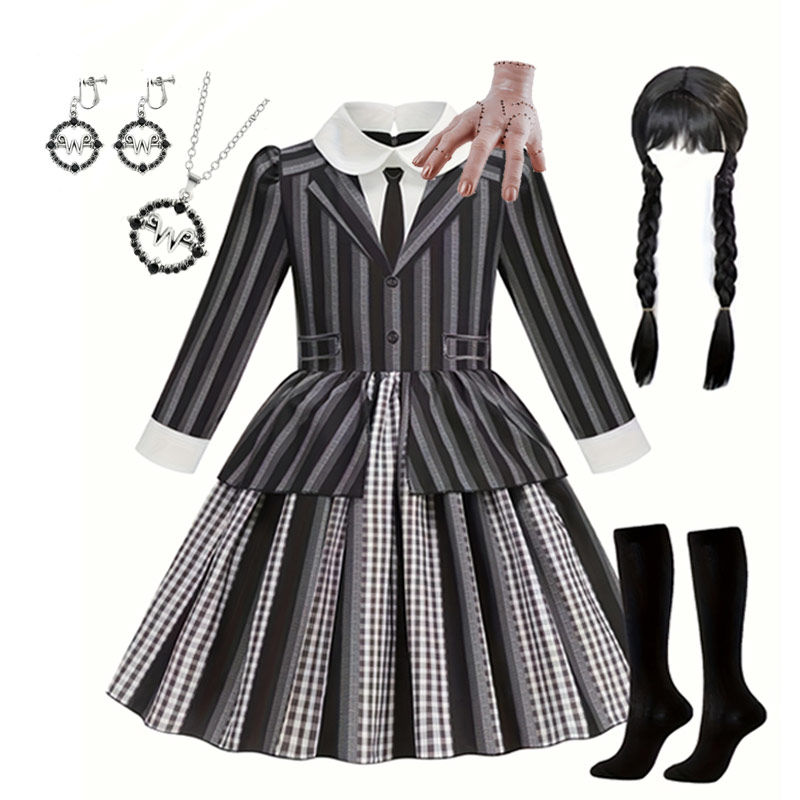 New Addams Black Striped Dress Girls Family Cosplay Wed. Halloween Costume Kids