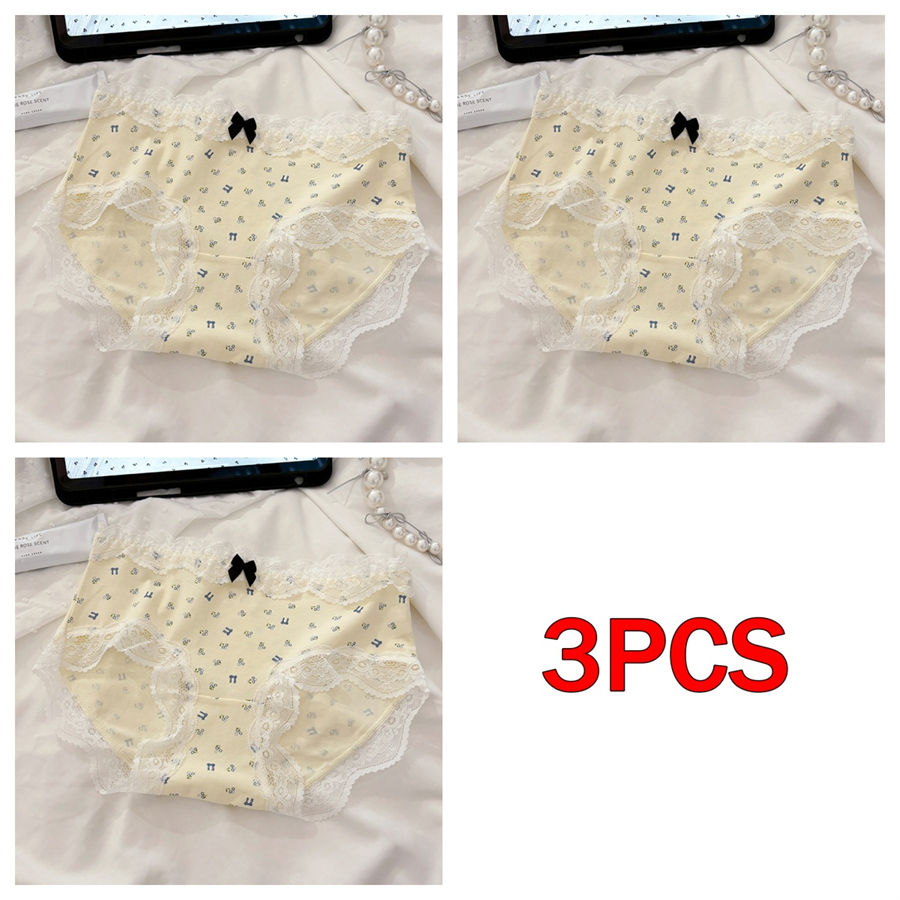 الصورة المصغرة: 3Pcs Pure Cotton Sweet Bow Lace Women Panties Mid-Waist Girls Briefs Floral Unde