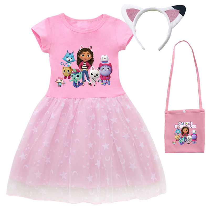 2024 New Summer Cartoon Gabby Cats Dresses Baby Girls Princess Dress Bag Headban