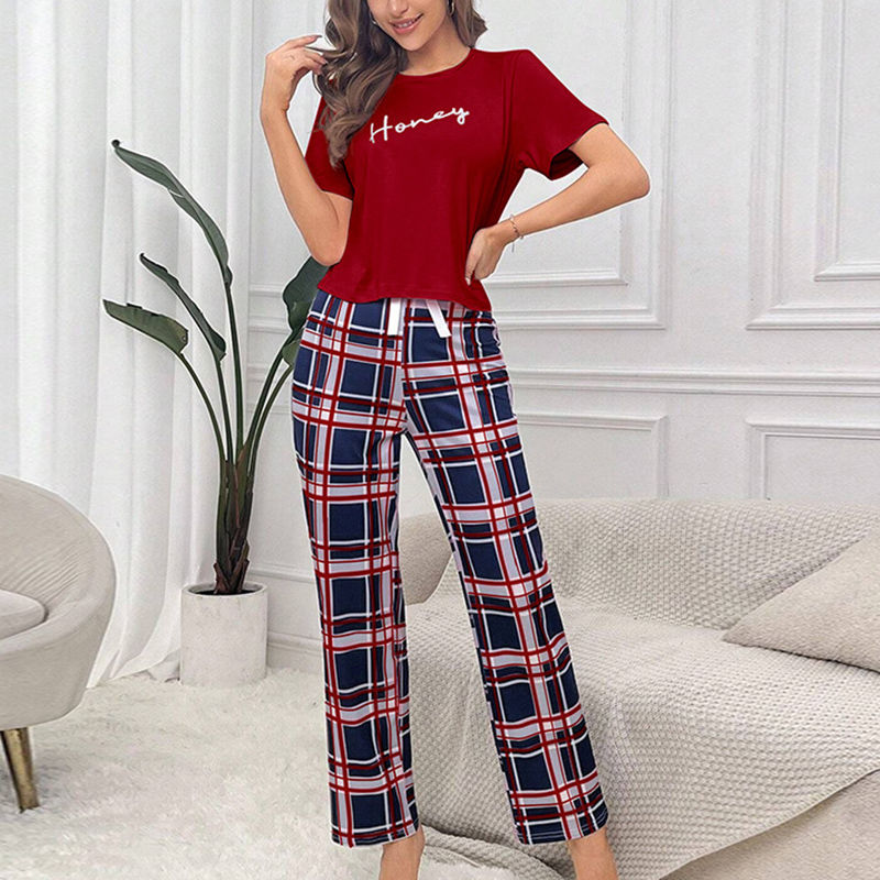 الصورة المصغرة: Women's Pajamas Set Soft Comfortable Letter Print T-Shirt & Plaid Long Pants Sle