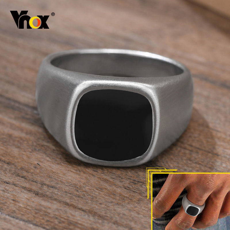 Vnox 12.5mm Signet Ring for Men, Black Square Top Stainless Steel Finger Band, G
