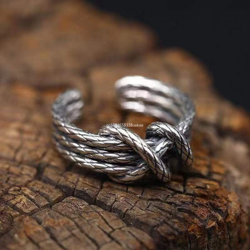 الصورة المصغرة: Retro Woven Rope Ring for Men Silver Color Punk Gothic Adjustable Open Ring Hand