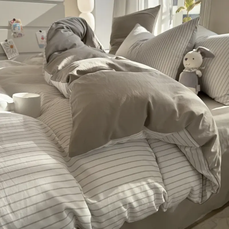 Thumbnail: Pure Cotton Home Textile Striped Bedding Set Simple Soft Duvet Cover Sheet Pillo
