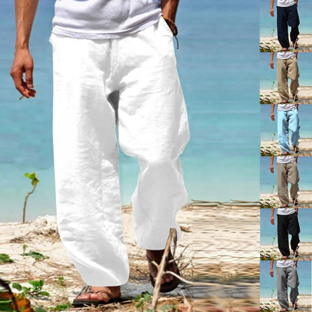 Men's Beach Pants Breathable Loose Straight Trousers Male Summer Casual Solid Co