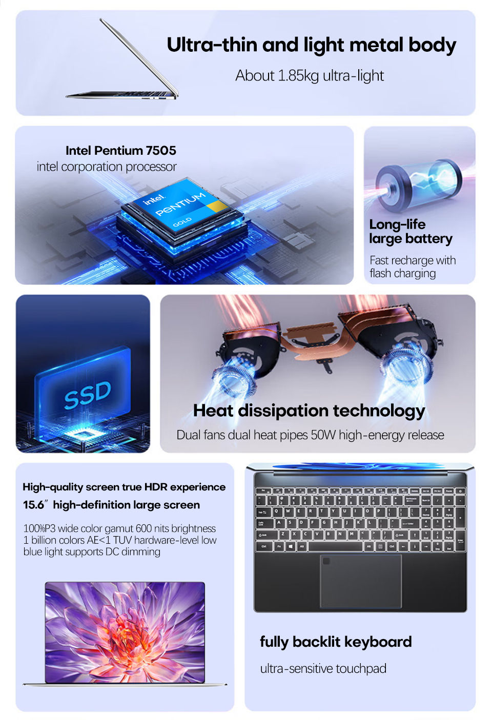 Thumbnail: 15.6 inch Laptop Computer intel Pentium 7505 Dual Core Laptops Windows 11 Pro Po