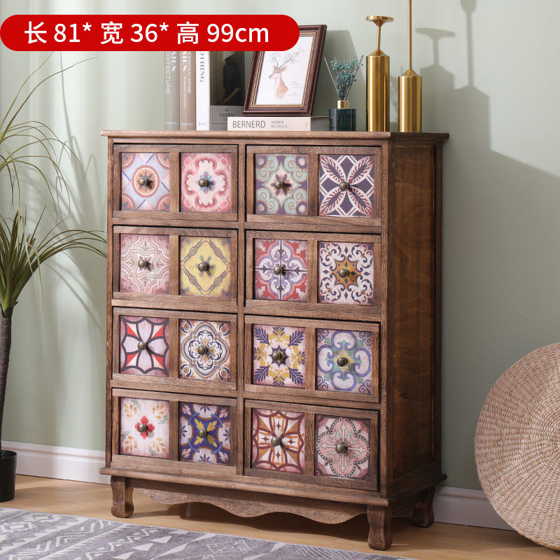الصورة المصغرة: Retro chest cabinet Solid wood locker Painted cabinet Bedside table Small multi-