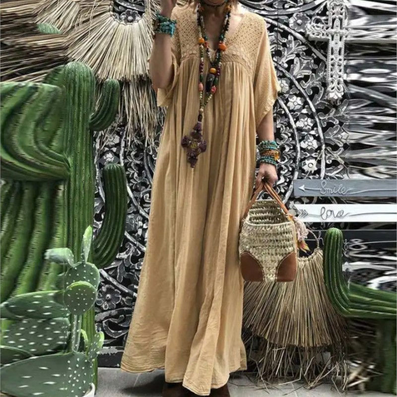 Summer Fashion Boho Cotton Long Dress For Women Casual V-neck Lace Hollow Half S