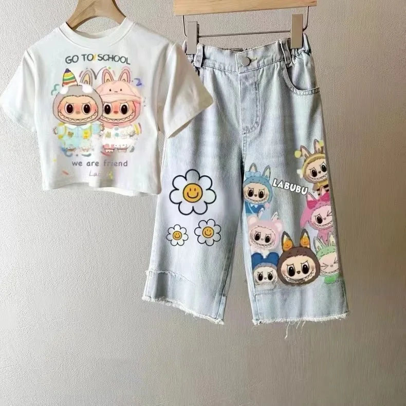 Thumbnail: Sweet Cartoon Print T-Shirt And Denim Pants Set Summer New Arrival Kids Clothing
