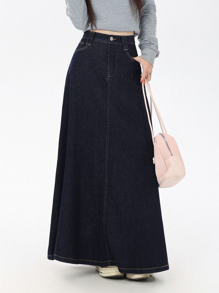 Women's Vintage A-Line Denim Long Skirts, Casual High Waist Jean Skirt, Blue, Al