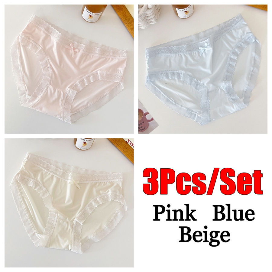 الصورة المصغرة: 3Pcs Ice Silk Lace Panties Seamless Soild Underwear For Women Sexy Ultra-thin Br