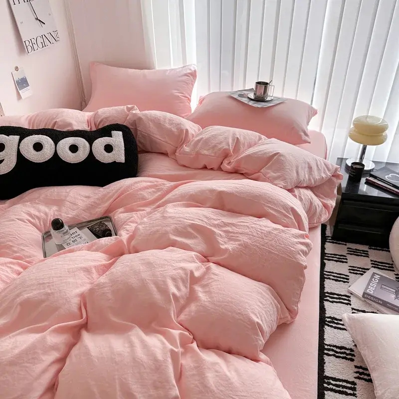 Thumbnail: Washed Cotton Bed Linen Bedding Set 3/4 Pieces Bed Sheets Set Solid Color Comfor