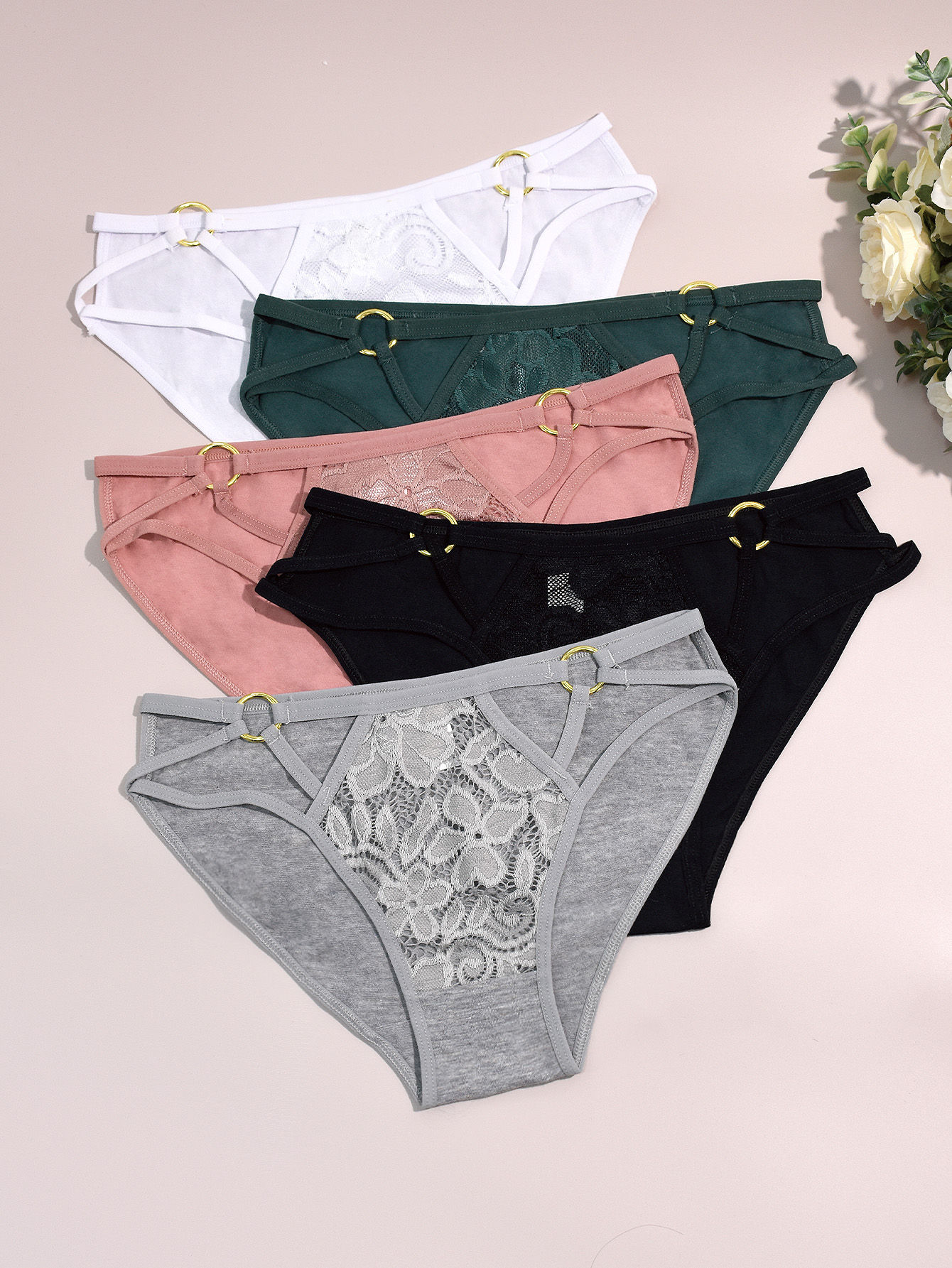 5-Pack Sexy Lace-Trimmed Gold Buckle Triangle Underwear for Women Comfortable La