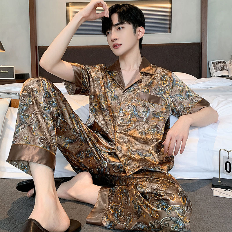 الصورة المصغرة: 3XL Printed Stain Silk Satin Pajamas Men Long Sleeve & Short Sleeve Shorts Silk 