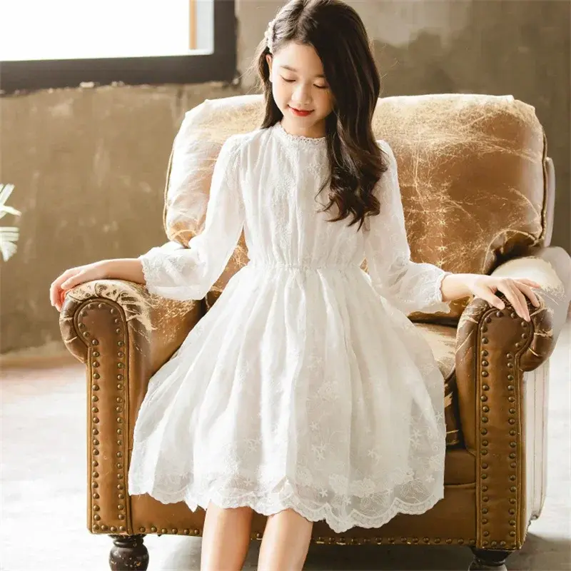 Kids Dresses Teenage White Wedding Party Lace Girl Dress Long Sleeve Children Ca